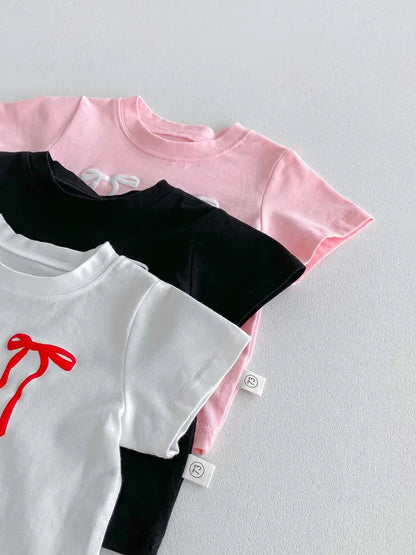 半袖Tシャツ キッズトップス 半袖Tシャツ ダブルリボンプリント 3カラー