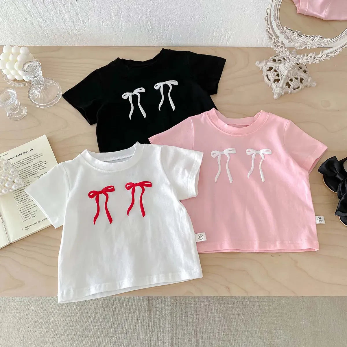 半袖Tシャツ キッズトップス 半袖Tシャツ ダブルリボンプリント 3カラー