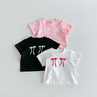 半袖Tシャツ キッズトップス 半袖Tシャツ ダブルリボンプリント 3カラー