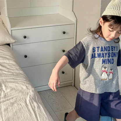 半袖Tシャツ キッズトップス 半袖Tシャツ ペンギン レターロゴプリント 3カラー