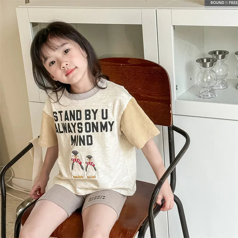 半袖Tシャツ キッズトップス 半袖Tシャツ ペンギン レターロゴプリント 3カラー