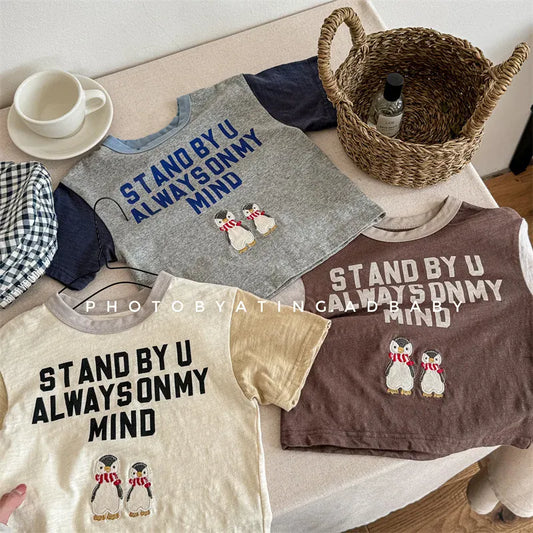 半袖Tシャツ キッズトップス 半袖Tシャツ ペンギン レターロゴプリント 3カラー
