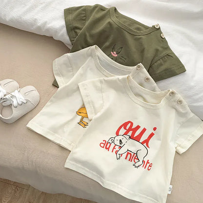 半袖Tシャツ ベビートップス 半袖Tシャツ 肩あき アニマルプリント 3カラー