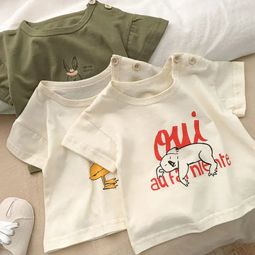 半袖Tシャツ ベビートップス 半袖Tシャツ 肩あき アニマルプリント 3カラー