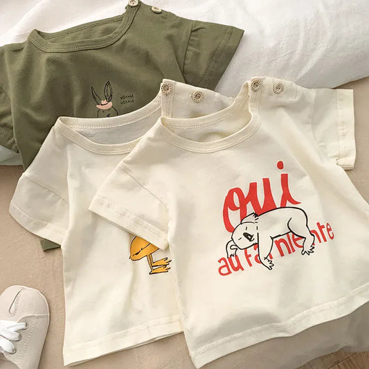 半袖Tシャツ ベビートップス 半袖Tシャツ 肩あき アニマルプリント 3カラー