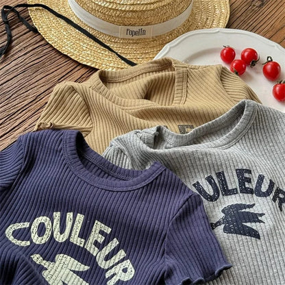 半袖Tシャツ キッズトップス 半袖リブTシャツ レターロゴプリント 3カラー
