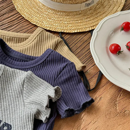 半袖Tシャツ キッズトップス 半袖リブTシャツ レターロゴプリント 3カラー