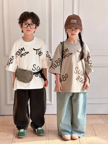 半袖Tシャツ キッズトップス 半袖Tシャツ ルーズビッグシルエット レターロゴプリント ホワイト/ブラック/カーキ/3カラー