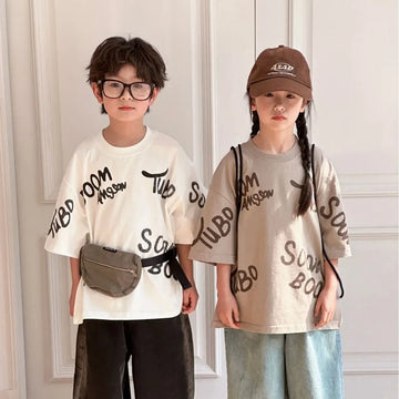 半袖Tシャツ キッズトップス 半袖Tシャツ ルーズビッグシルエット レターロゴプリント ホワイト/ブラック/カーキ/3カラー