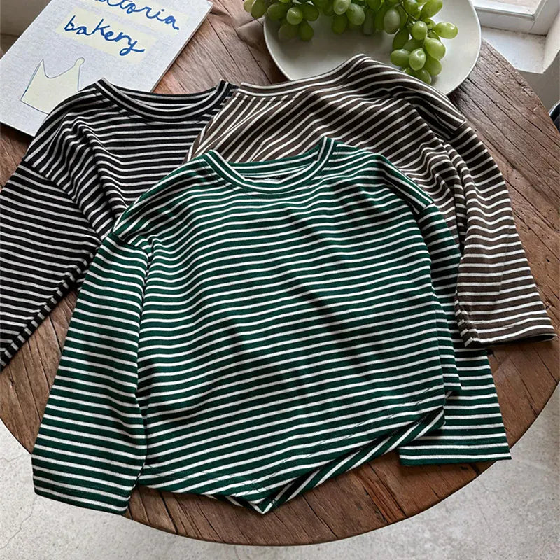 長袖Tシャツ キッズトップス 裾変形 アシメデザイン ボーダー柄長袖Tシャツ 3カラー