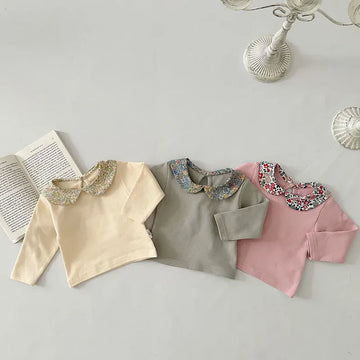 長袖Tシャツ ベビートップス 長袖Tシャツ ブラウス フラワー花柄丸襟 3カラー