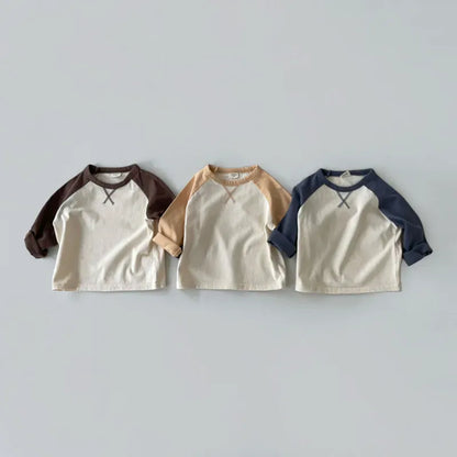ベビー用長袖Tシャツ3色セット、ラグランパッチワークの切替デザイン