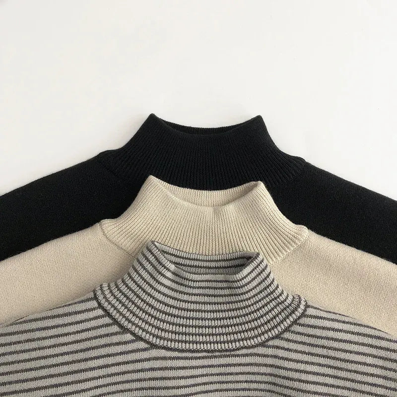 長袖Tシャツ キッズトップス ニットフリース ハイネックTシャツ 長袖カットソー 無地 ボーダー 3カラー ユニセックス 男の子 女の子 子供服
