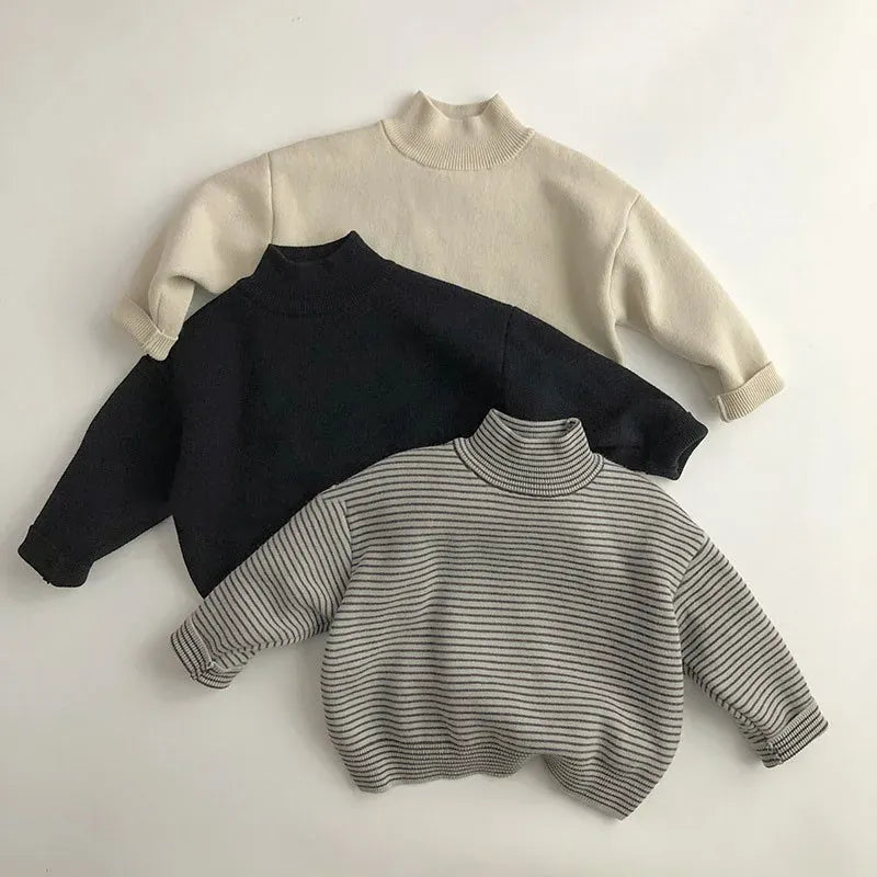 長袖Tシャツ キッズトップス ニットフリース ハイネックTシャツ 長袖カットソー 無地 ボーダー 3カラー ユニセックス 男の子 女の子 子供服