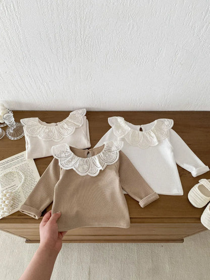 長袖Tシャツ ベビートップス 長袖Tシャツ フラワーレース襟 3カラー【mh0006370】