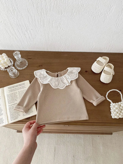 長袖Tシャツ ベビートップス 長袖Tシャツ フラワーレース襟 3カラー【mh0006370】