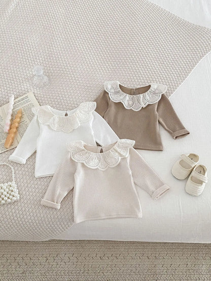 長袖Tシャツ ベビートップス 長袖Tシャツ フラワーレース襟 3カラー【mh0006370】