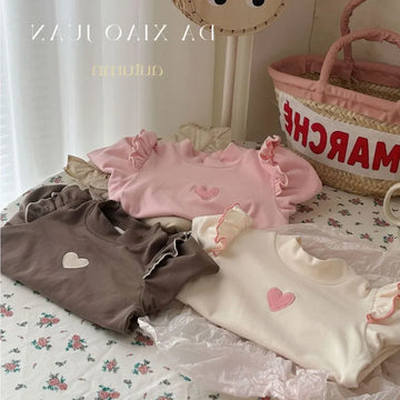 長袖Tシャツ キッズトップス ハート刺繍ショルダーフリル長袖Tシャツ 3カラー【mh0007540】