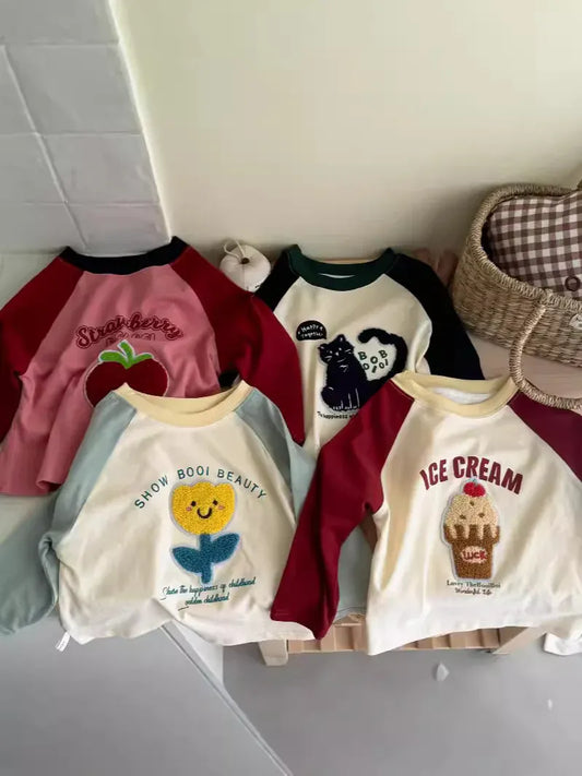 長袖Tシャツ キッズトップス 長袖ラグランパッチワークアニマルアップリケTシャツ 4カラー