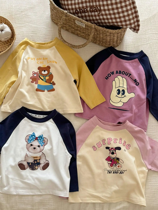 長袖Tシャツ キッズトップス 長袖プリントTシャツ ラグランパッチワーク 4カラー