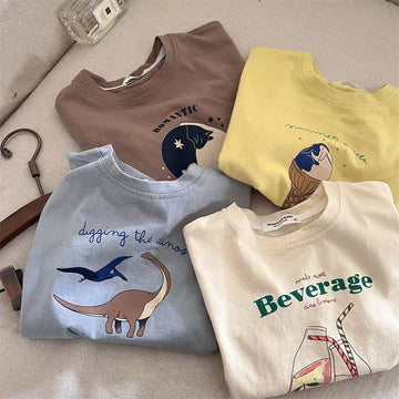 半袖Tシャツ キッズトップス 半袖プリントTシャツ ダイナソー/ネコ/アイスクリーム/ドリンク 4カラー