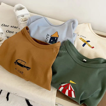 長袖Tシャツ キッズトップス 長袖Tシャツ サーカス 車 飛行機 家 プリント 4カラー【mh0004624】