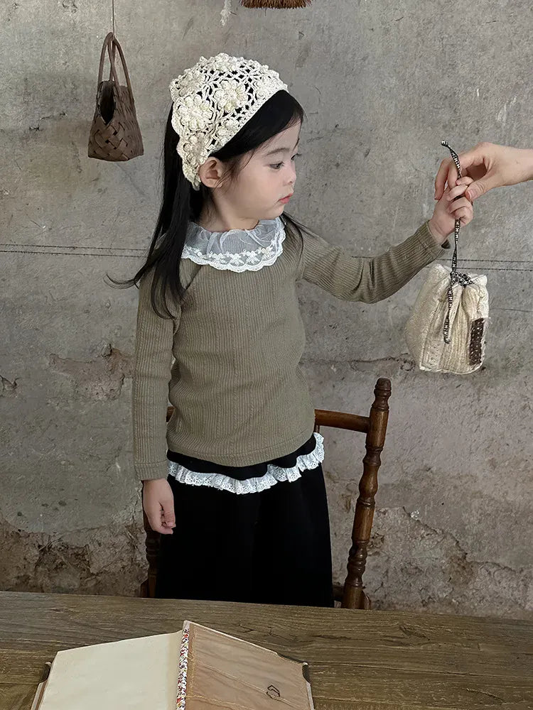 長袖Tシャツ キッズトップス レース襟リブ長袖Tシャツカットソー 4カラー【mh0006854】