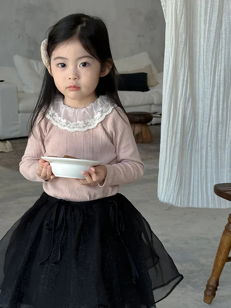 長袖Tシャツ キッズトップス レース襟リブ長袖Tシャツカットソー 4カラー【mh0006854】