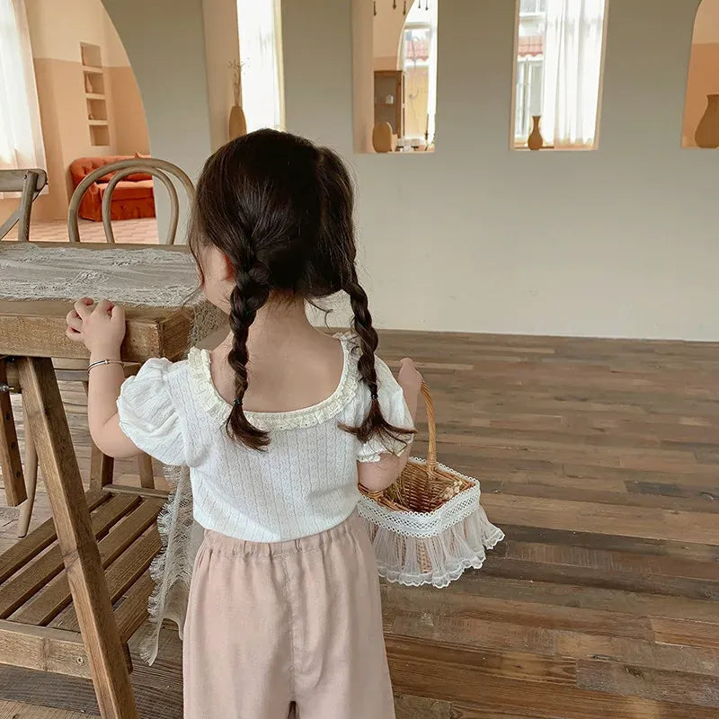 半袖Tシャツ キッズトップス 半袖パフスリーブTシャツ フリルレース 5カラー【mh0006244】