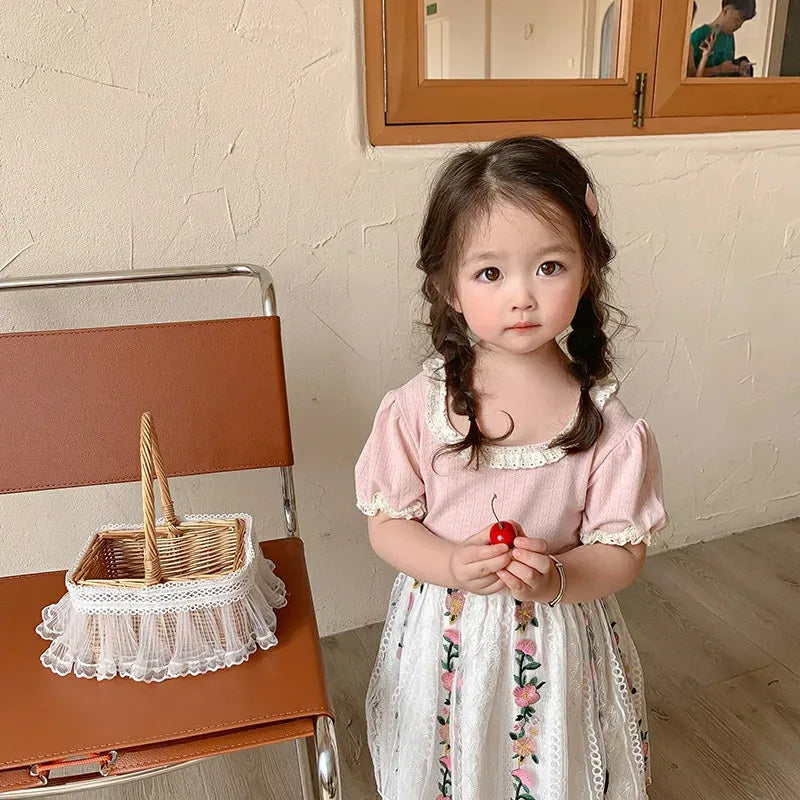 半袖Tシャツ キッズトップス 半袖パフスリーブTシャツ フリルレース 5カラー【mh0006244】