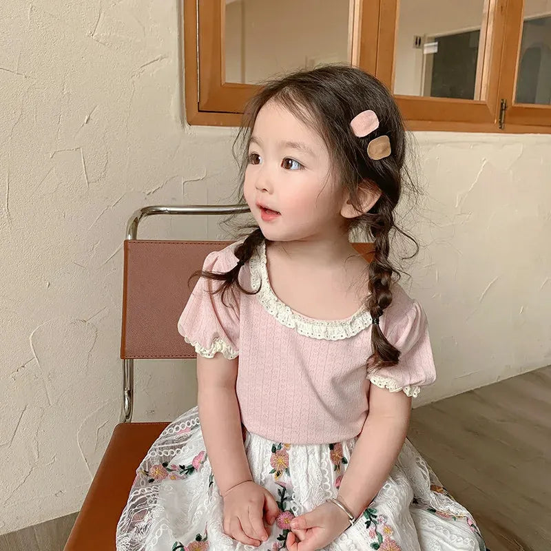 半袖Tシャツ キッズトップス 半袖パフスリーブTシャツ フリルレース 5カラー【mh0006244】