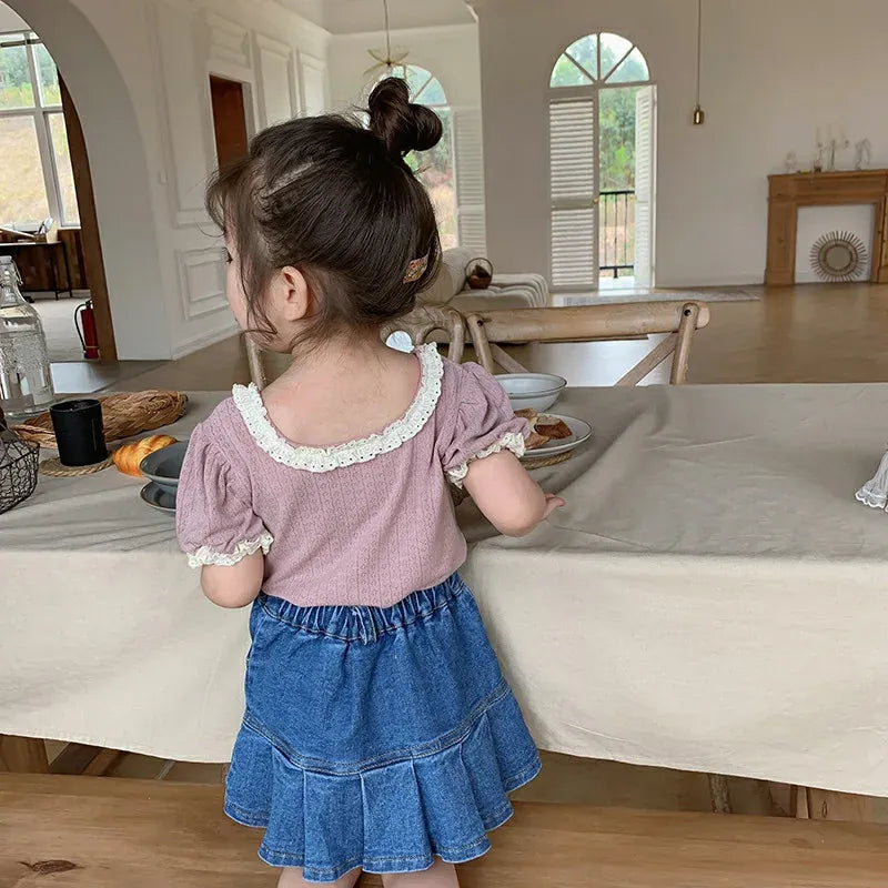 半袖Tシャツ キッズトップス 半袖パフスリーブTシャツ フリルレース 5カラー【mh0006244】