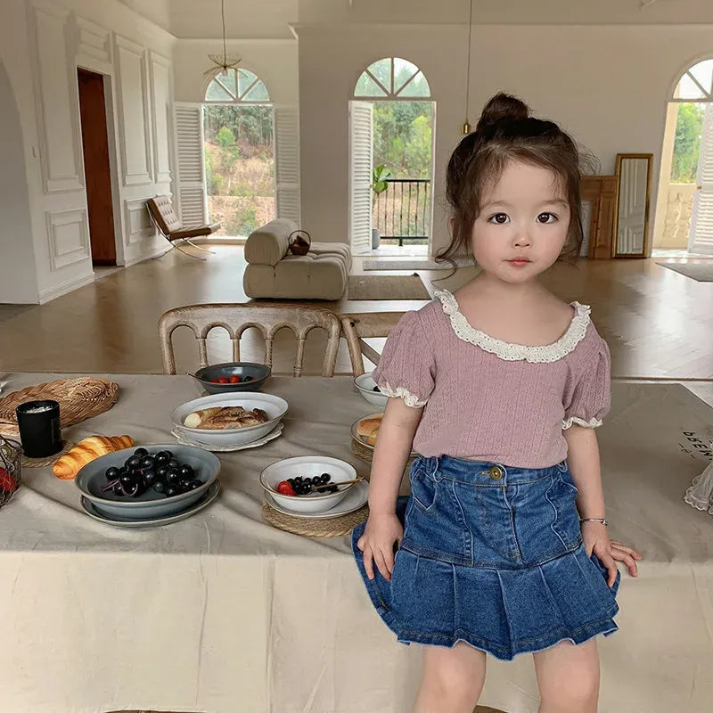 半袖Tシャツ キッズトップス 半袖パフスリーブTシャツ フリルレース 5カラー【mh0006244】