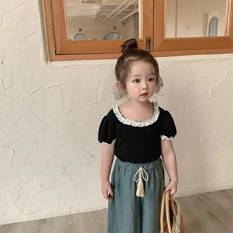 半袖Tシャツ キッズトップス 半袖パフスリーブTシャツ フリルレース 5カラー【mh0006244】