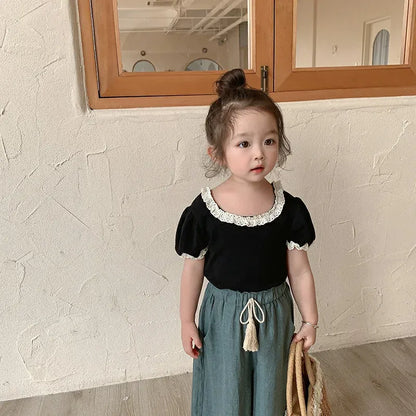 半袖Tシャツ キッズトップス 半袖パフスリーブTシャツ フリルレース 5カラー【mh0006244】