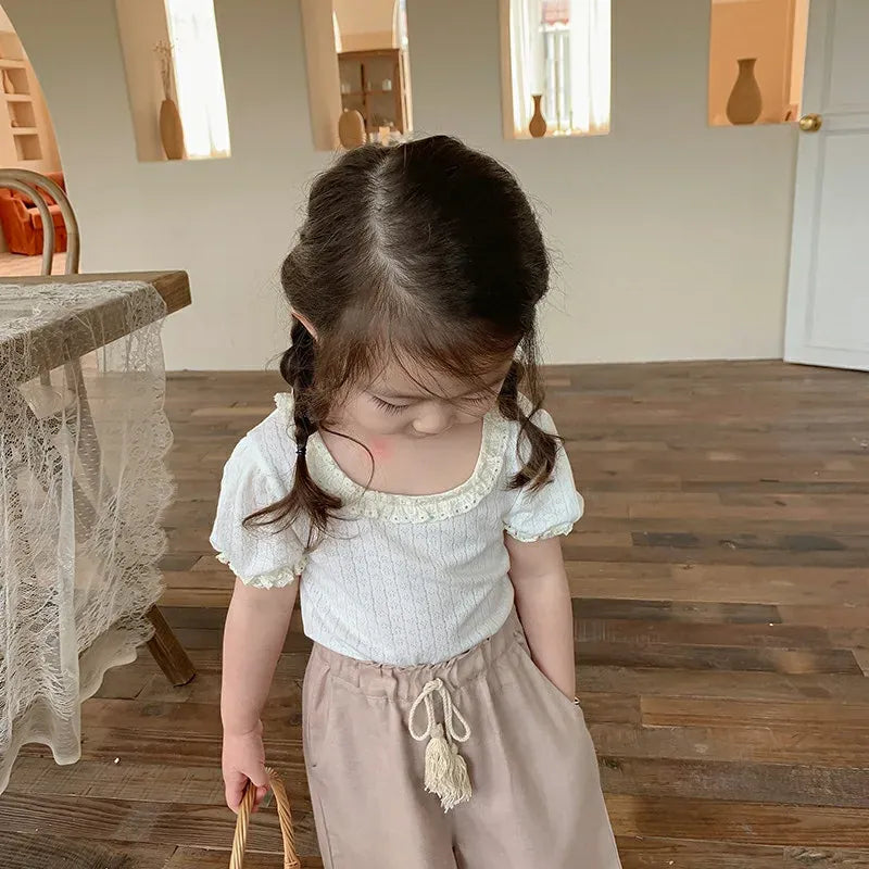 半袖Tシャツ キッズトップス 半袖パフスリーブTシャツ フリルレース 5カラー【mh0006244】