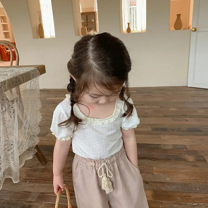 半袖Tシャツ キッズトップス 半袖パフスリーブTシャツ フリルレース 5カラー【mh0006244】