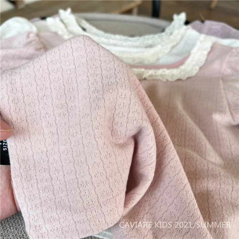 半袖Tシャツ キッズトップス 半袖パフスリーブTシャツ フリルレース 5カラー【mh0006244】