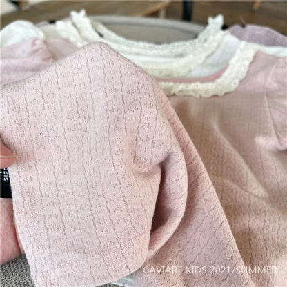 半袖Tシャツ キッズトップス 半袖パフスリーブTシャツ フリルレース 5カラー【mh0006244】