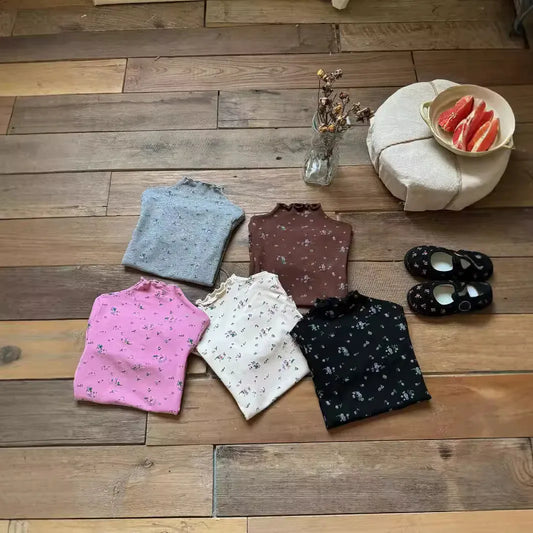 長袖Tシャツ キッズトップス フリルボトルネックフラワープリント長袖Tシャツ 5カラー【mh0007159】