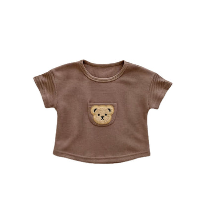 半袖Tシャツ ベビー くま ベア ワッペン ワッフル 半袖 Tシャツ トップス ベージュ ブラウン カーキ ボーイズ 5693B