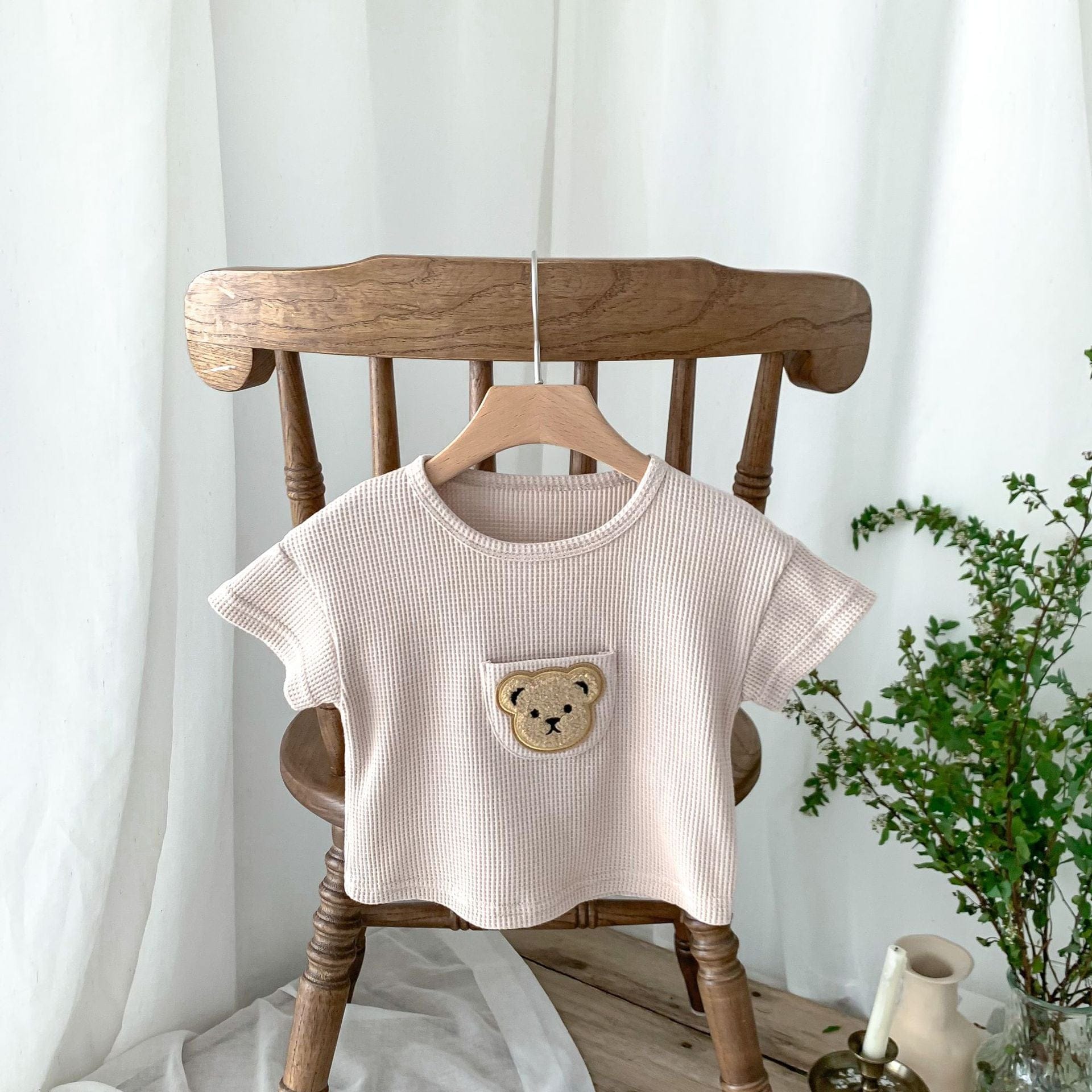 半袖Tシャツ ベビー くま ベア ワッペン ワッフル 半袖 Tシャツ トップス ベージュ ブラウン カーキ ボーイズ 5693B