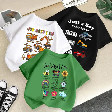 半袖Tシャツ キッズジュニアトップス 半袖プリントTシャツ 乗り物トラックショベルカー 7カラー【mh0005782】