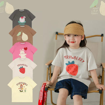 半袖Tシャツ キッズトップス 半袖プリントTシャツ スイーツフルーツレトロイラストプリント柄 8カラー