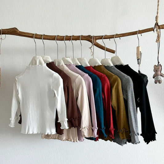 長袖Tシャツ キッズトップス フリルネックシンプルベーシック長袖Tシャツ 8カラー【mh0007276】