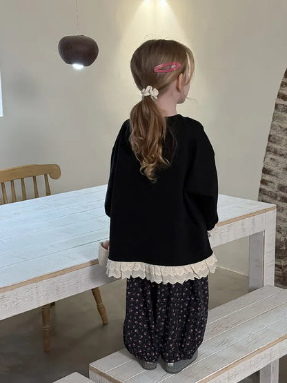 長袖Tシャツ キッズトップス 裾レースフリル長袖チュニックスウェットTシャツ【mh-0008672】