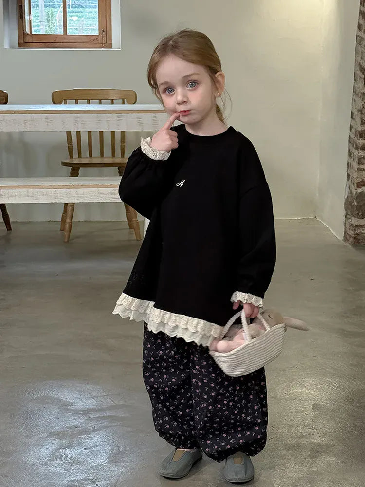 長袖Tシャツ キッズトップス 裾レースフリル長袖チュニックスウェットTシャツ【mh-0008672】