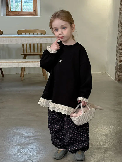 長袖Tシャツ キッズトップス 裾レースフリル長袖チュニックスウェットTシャツ【mh-0008672】