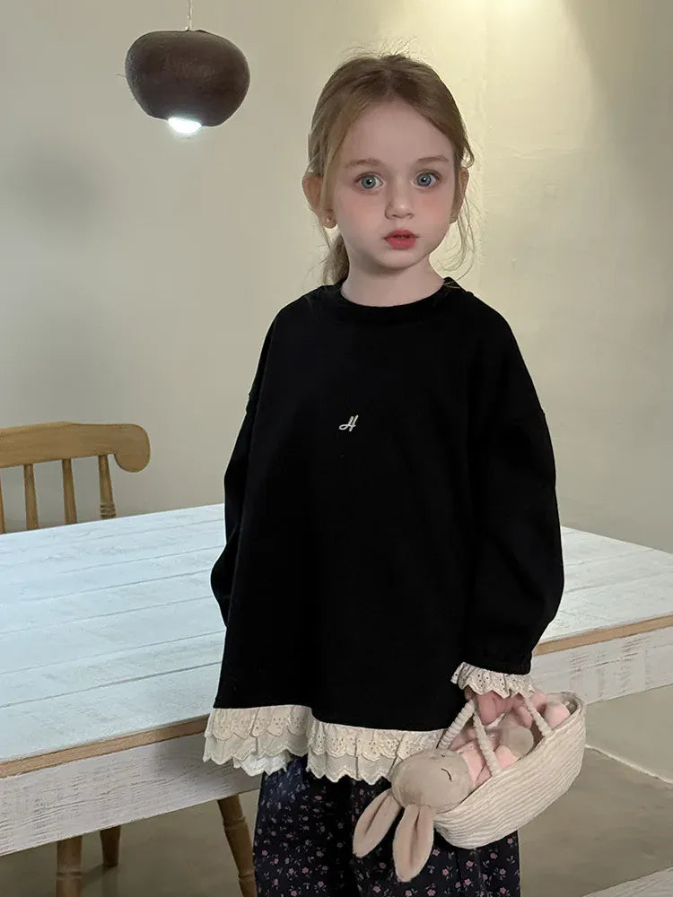 長袖Tシャツ キッズトップス 裾レースフリル長袖チュニックスウェットTシャツ【mh-0008672】