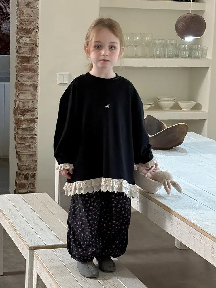 長袖Tシャツ キッズトップス 裾レースフリル長袖チュニックスウェットTシャツ【mh-0008672】